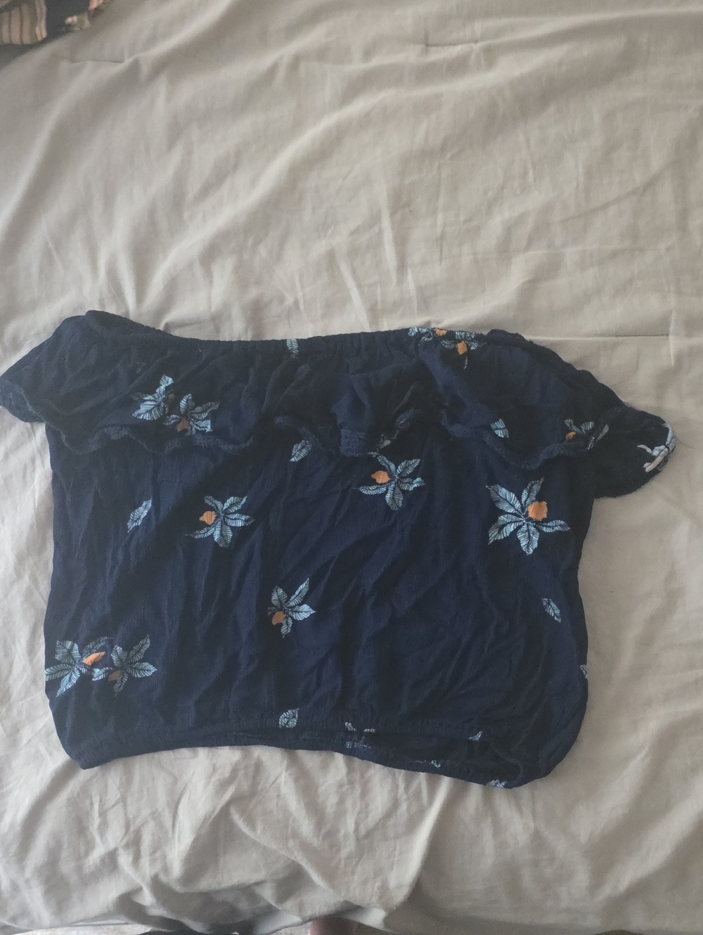 Navy Off-Shoulder Floral Embroidered Women's Top